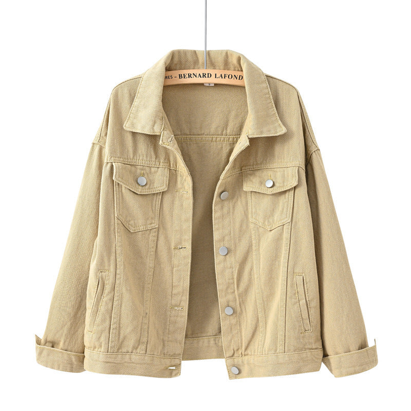 Denim Jackets- Solid Cotton Denim Button-Up Jacket- Khaki- Pekosa Women Clothing