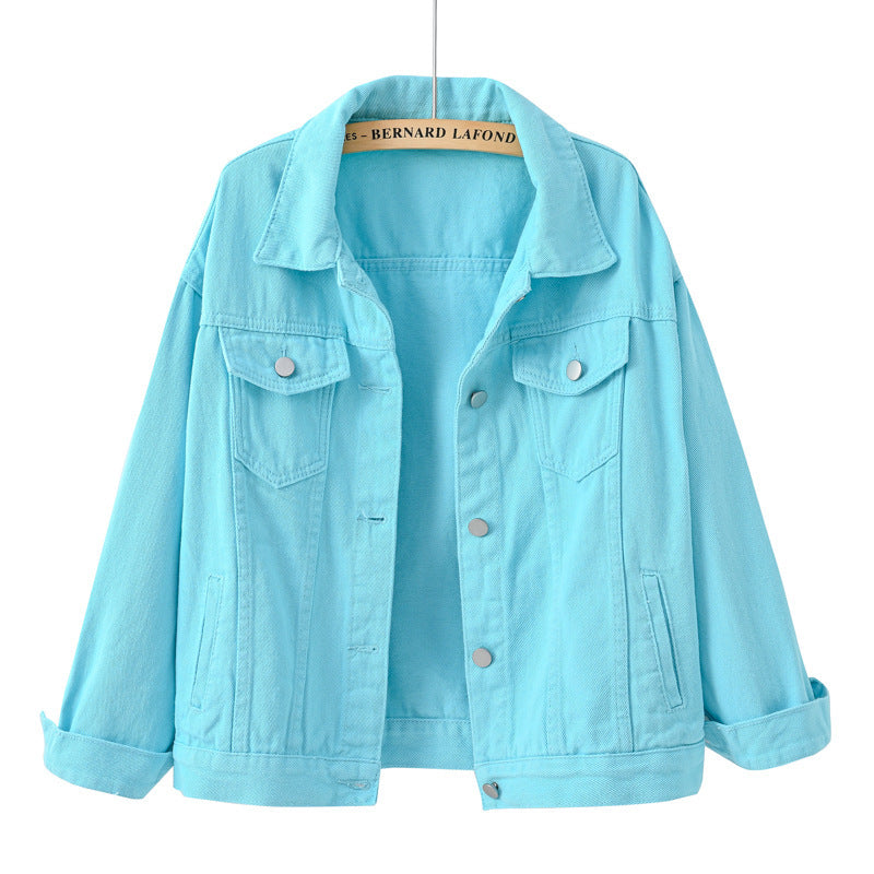 Denim Jackets- Solid Cotton Denim Button-Up Jacket- Sky blue azure- Pekosa Women Clothing