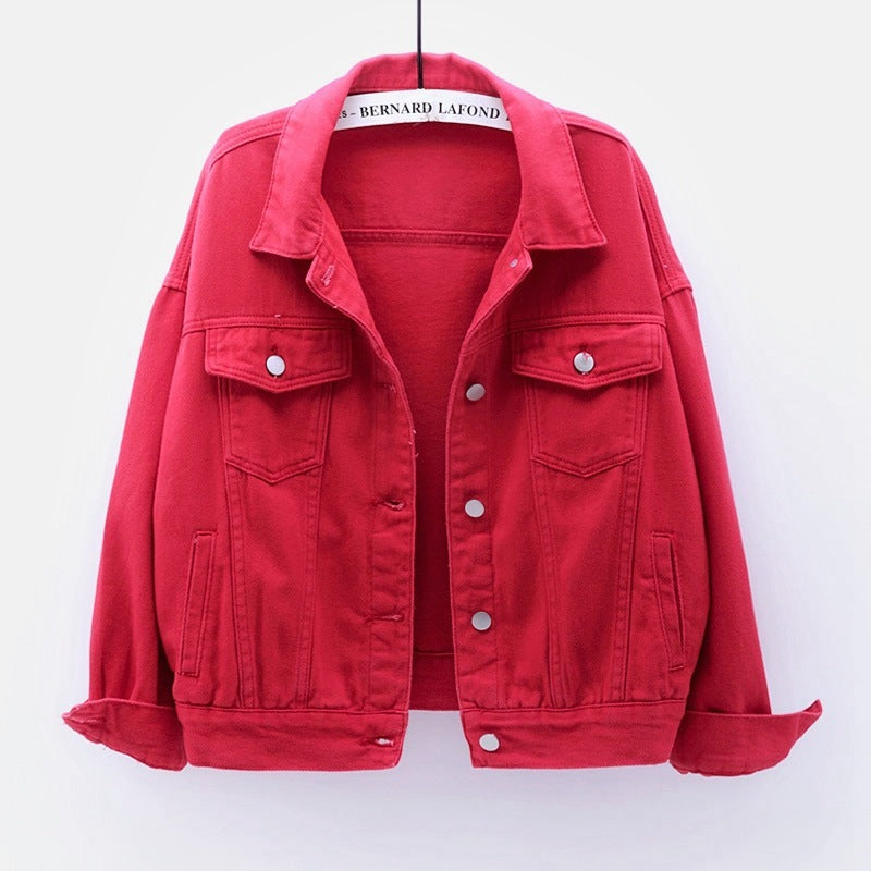 Denim Jackets- Solid Cotton Denim Button-Up Jacket- Red- Pekosa Women Clothing