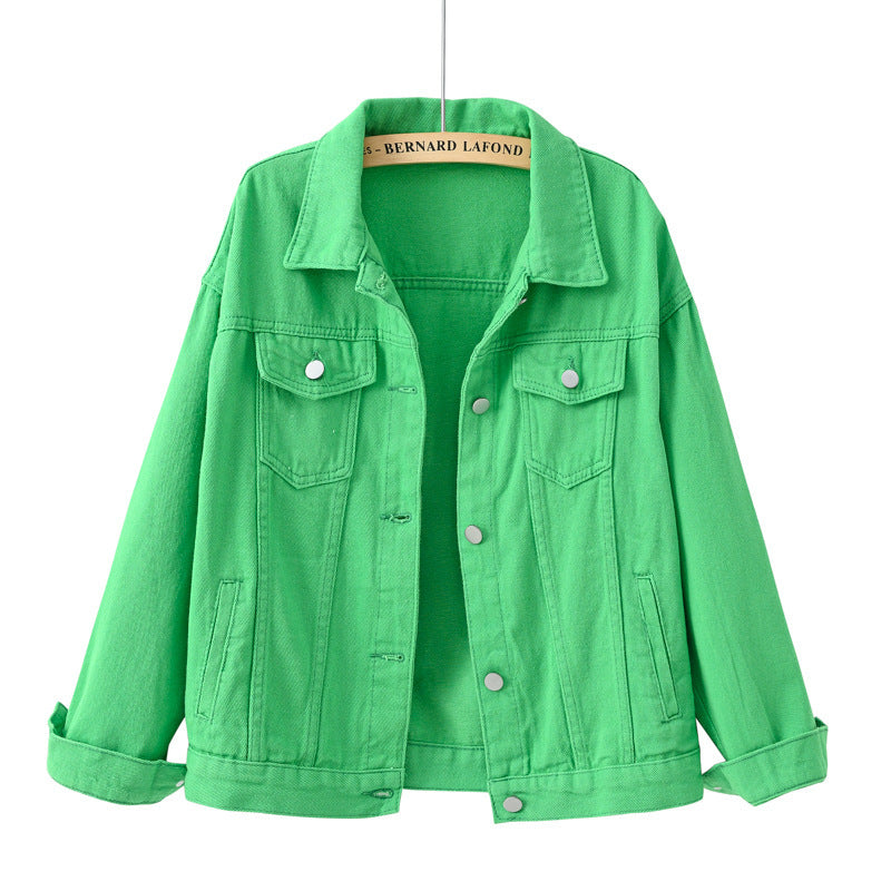 Denim Jackets- Solid Cotton Denim Button-Up Jacket- Green- Pekosa Women Clothing