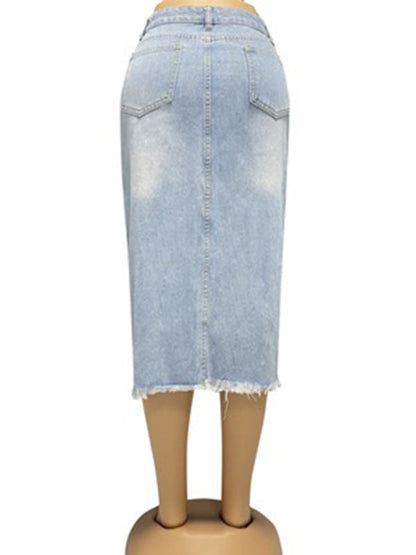 Denim Midi Skirt- High-Waisted Washed Denim Midi Skirt with Slit- - Pekosa Women Clothing