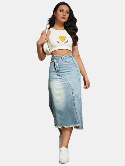 Denim Midi Skirt- High-Waisted Washed Denim Midi Skirt with Slit- - Pekosa Women Clothing