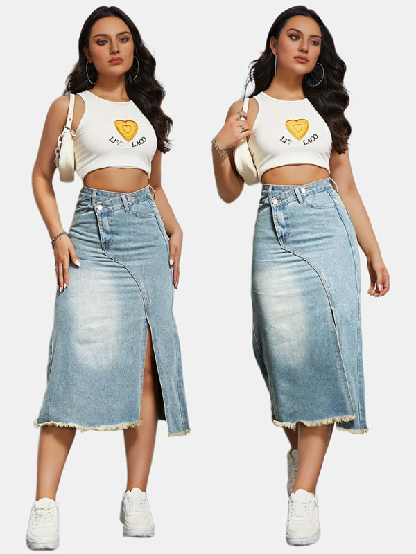 Denim Midi Skirt- High-Waisted Washed Denim Midi Skirt with Slit- - Pekosa Women Clothing