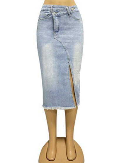 Denim Midi Skirt- High-Waisted Washed Denim Midi Skirt with Slit- - Pekosa Women Clothing