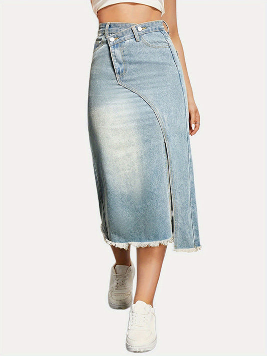 Denim Midi Skirt- High-Waisted Washed Denim Midi Skirt with Slit- Blue- Pekosa Women Clothing