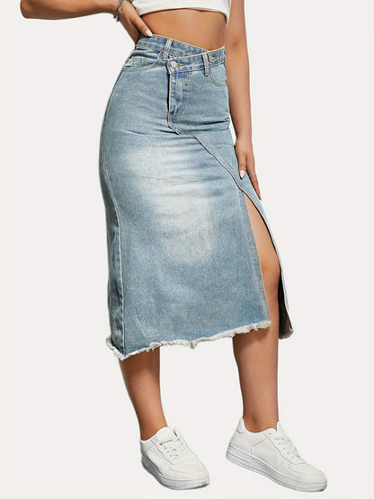 Denim Midi Skirt- High-Waisted Washed Denim Midi Skirt with Slit- - Pekosa Women Clothing