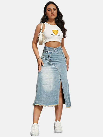 Denim Midi Skirt- High-Waisted Washed Denim Midi Skirt with Slit- - Pekosa Women Clothing