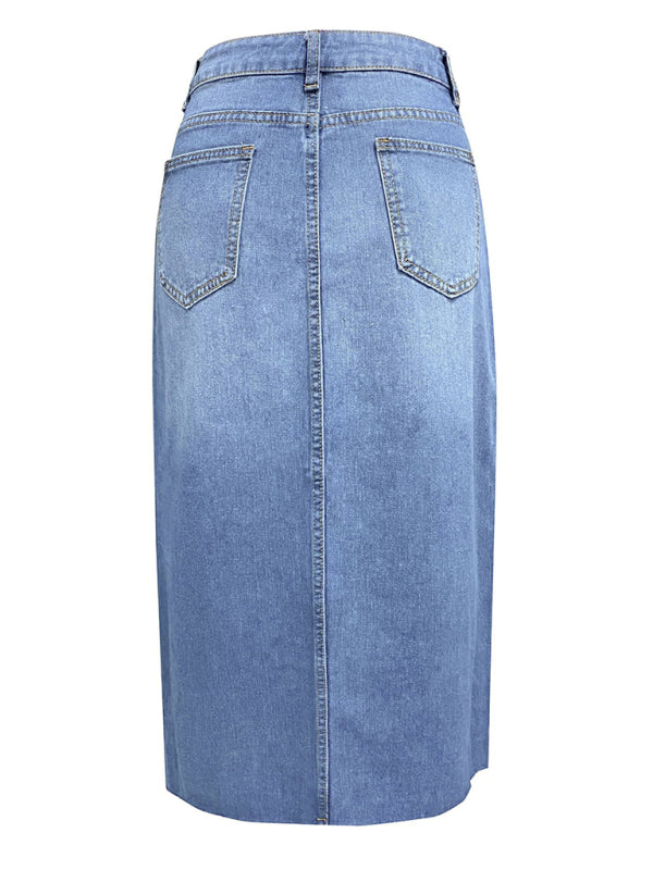 Denim Skirts- Distressed Washed Denim Slit Midi Skirt for Women- - Pekosa Women Fashion