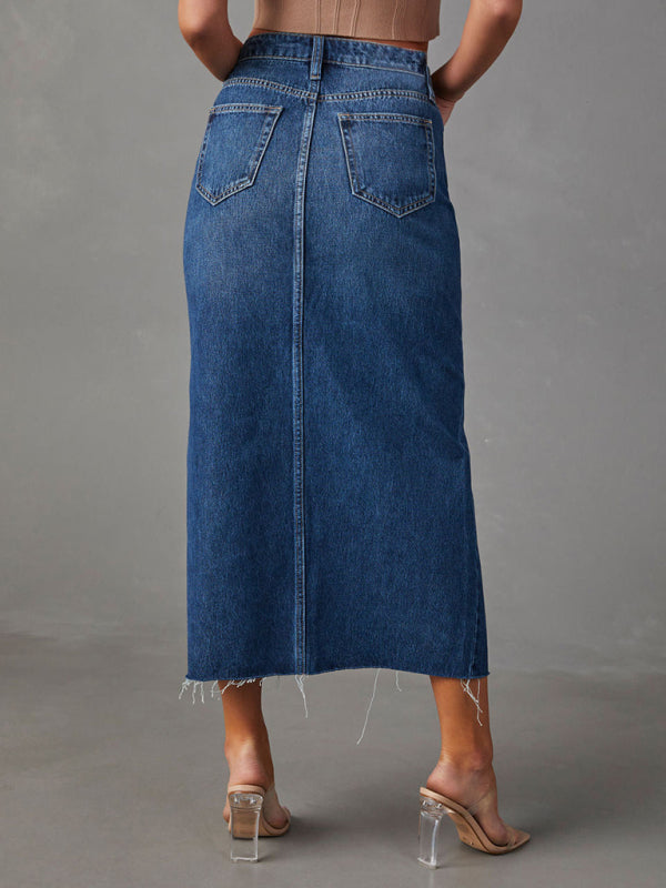 Denim Skirts- Distressed Washed Denim Slit Midi Skirt for Women- - Pekosa Women Fashion