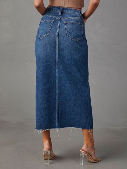 Denim Skirts- Distressed Washed Denim Slit Midi Skirt for Women- - Pekosa Women Fashion