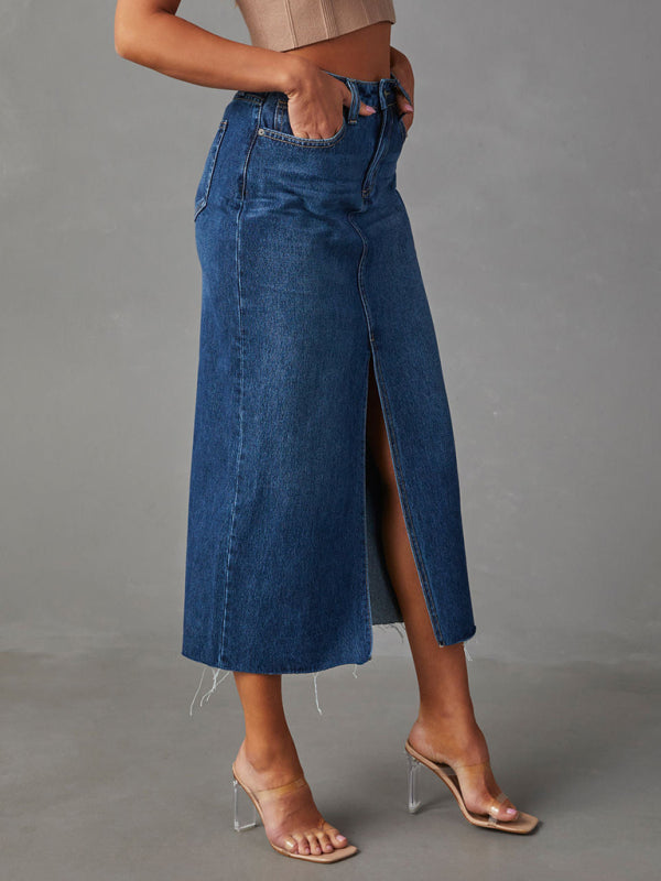 Denim Skirts- Distressed Washed Denim Slit Midi Skirt for Women- - Pekosa Women Fashion