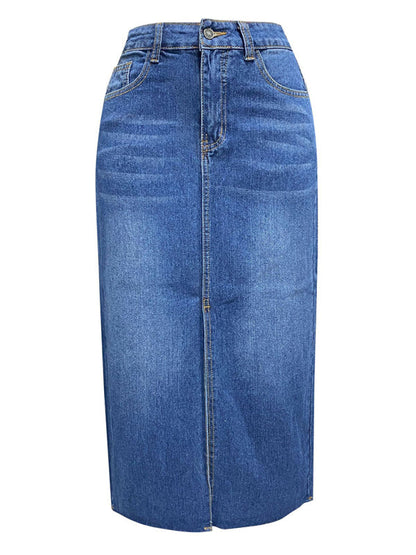 Denim Skirts- Distressed Washed Denim Slit Midi Skirt for Women- - Pekosa Women Fashion