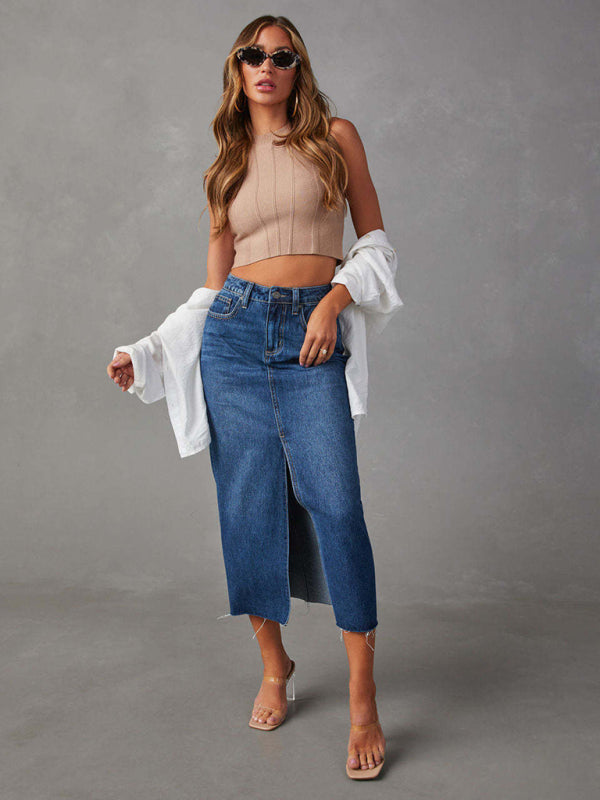 Denim Skirts- Distressed Washed Denim Slit Midi Skirt for Women- - Pekosa Women Fashion