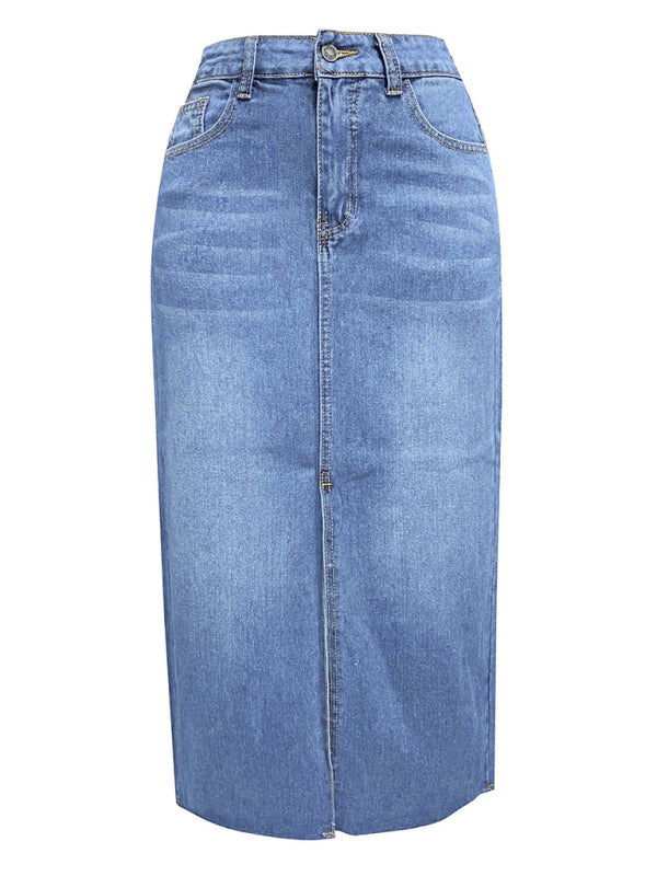 Denim Skirts- Distressed Washed Denim Slit Midi Skirt for Women- - Pekosa Women Fashion