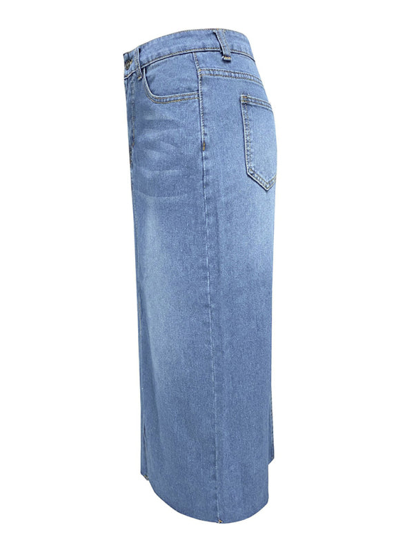 Denim Skirts- Distressed Washed Denim Slit Midi Skirt for Women- - Pekosa Women Fashion