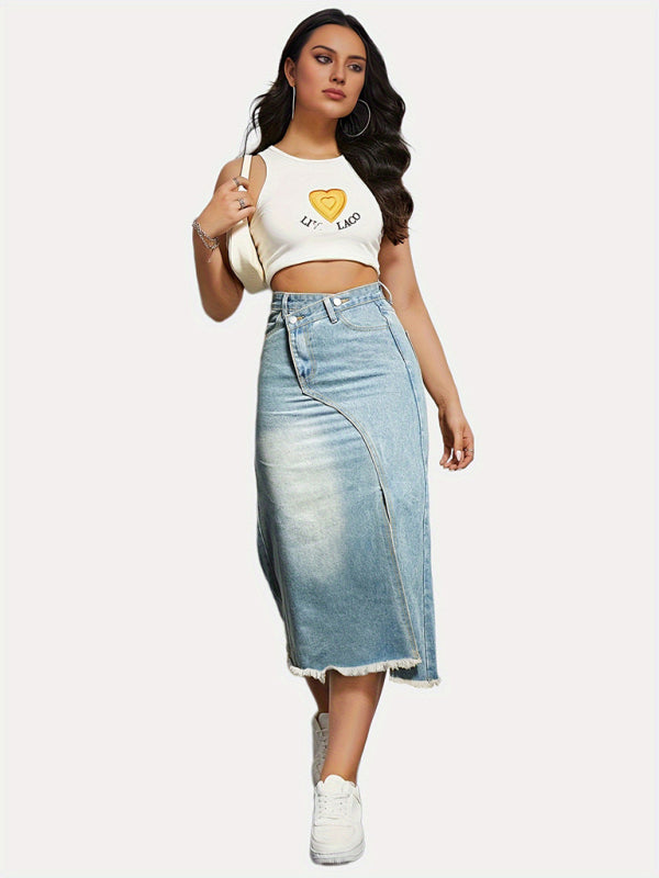 Denim Skirts- Distressed Washed Denim Slit Skirt with High Waist Twist- - Pekosa Women Fashion