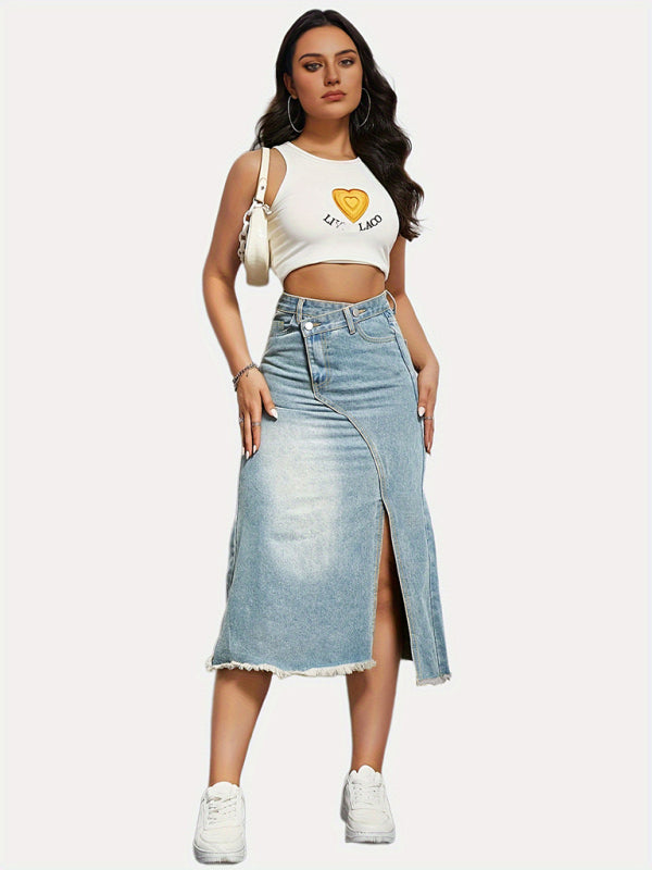 Denim Skirts- Distressed Washed Denim Slit Skirt with High Waist Twist- - Pekosa Women Fashion