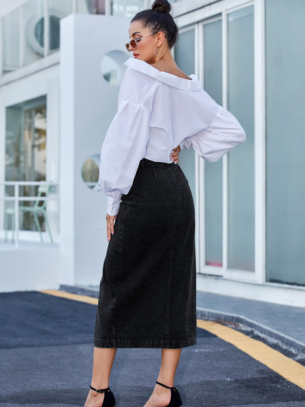 Denim Skirts- Solid Cotton Denim Button Down Slit Midi Skirt- - Pekosa Women Clothing