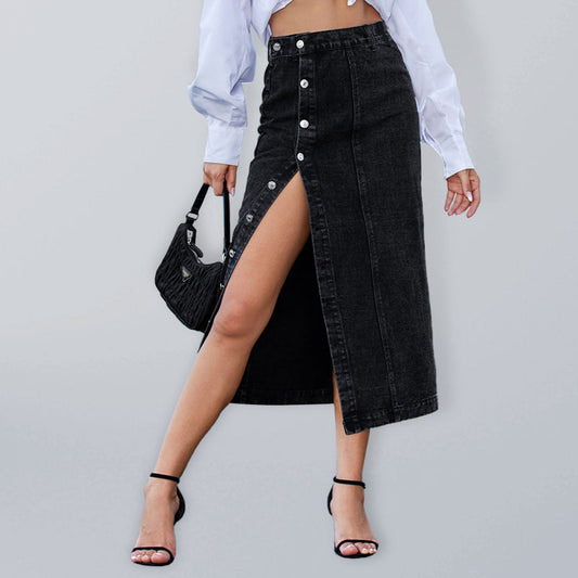 Denim Skirts- Solid Cotton Denim Button Down Slit Midi Skirt- Black- Pekosa Women Clothing