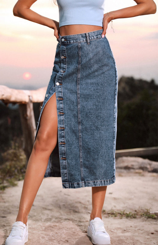 Denim Skirts- Trendy Denim Button Up Midi Skirt with High Rise & Belt-Loops- - Pekosa Women Clothing