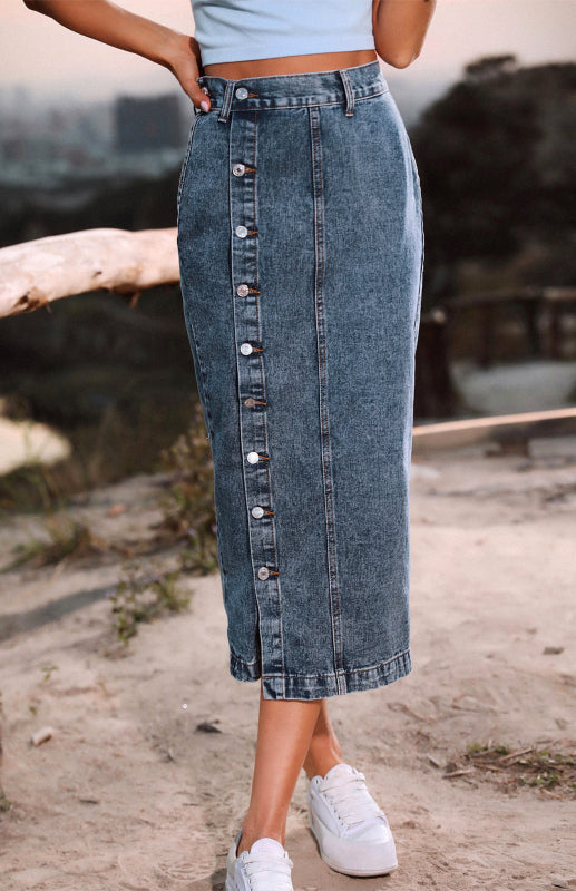 Denim Skirts- Trendy Denim Button Up Midi Skirt with High Rise & Belt-Loops- - Pekosa Women Clothing