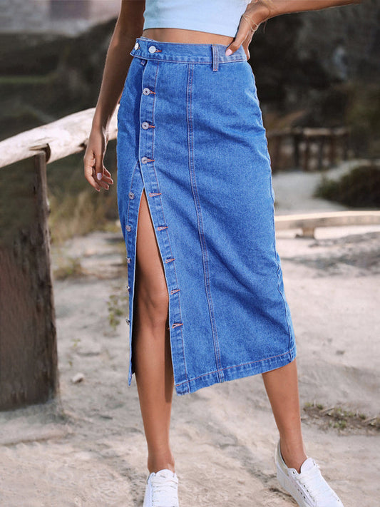 Denim Skirts- Trendy Denim Button Up Midi Skirt with High Rise & Belt-Loops- Cobalt blue- Pekosa Women Clothing