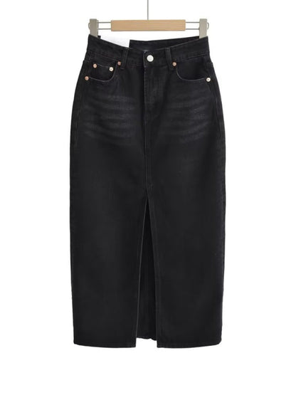 Denim Skirts- Vintage-Inspired High Waisted Denim Midi Skirt with Front Slit- - Pekosa Women Clothing