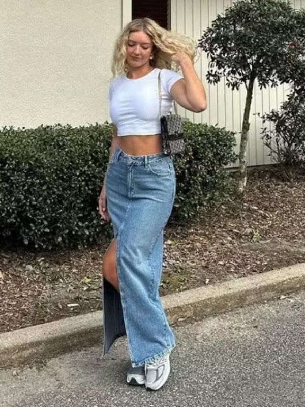 Denim Skirts- Vintage-Inspired High Waisted Denim Midi Skirt with Front Slit- - Pekosa Women Clothing