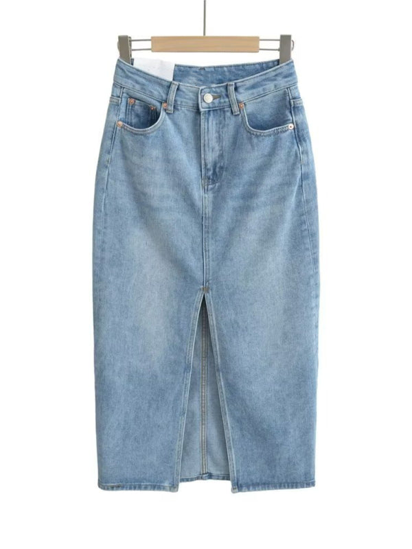 Denim Skirts- Vintage-Inspired High Waisted Denim Midi Skirt with Front Slit- - Pekosa Women Clothing