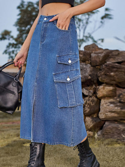 Denim Skirts- Washed Denim High Rise Cargo Slit Skirt with Flap Pockets- Blue- Pekosa Women Clothing