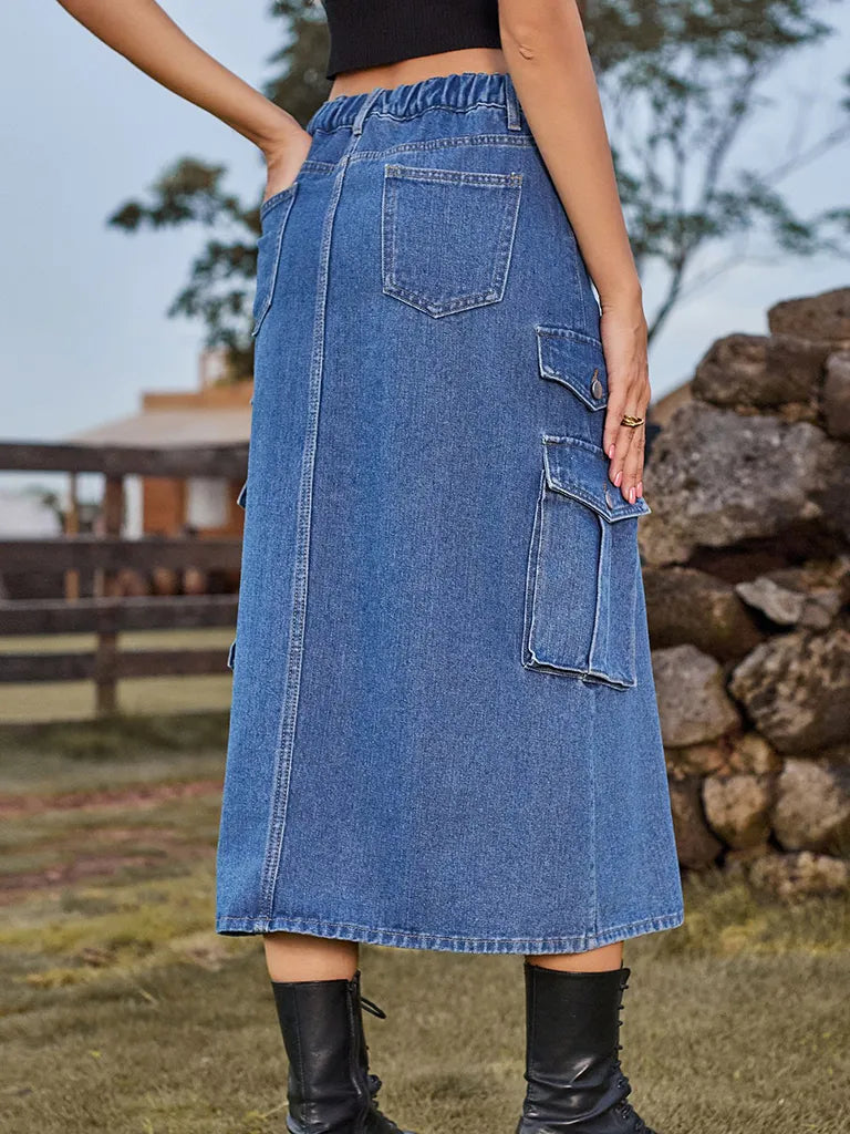 Denim Skirts- Washed Denim High Rise Cargo Slit Skirt with Flap Pockets- - Pekosa Women Clothing