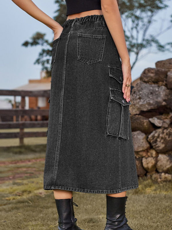 Denim Skirts- Washed Denim High Rise Cargo Slit Skirt with Flap Pockets- - Pekosa Women Clothing