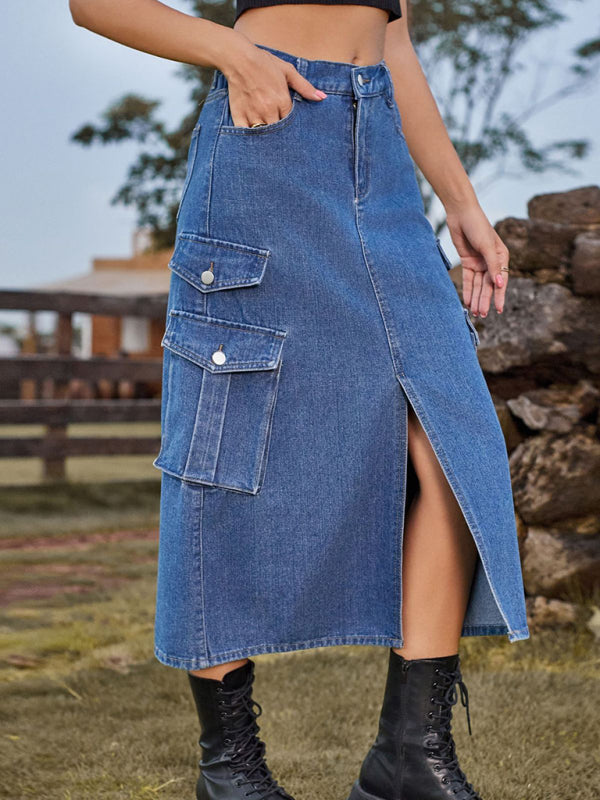 Denim Skirts- Washed Denim High Rise Cargo Slit Skirt with Flap Pockets- - Pekosa Women Clothing