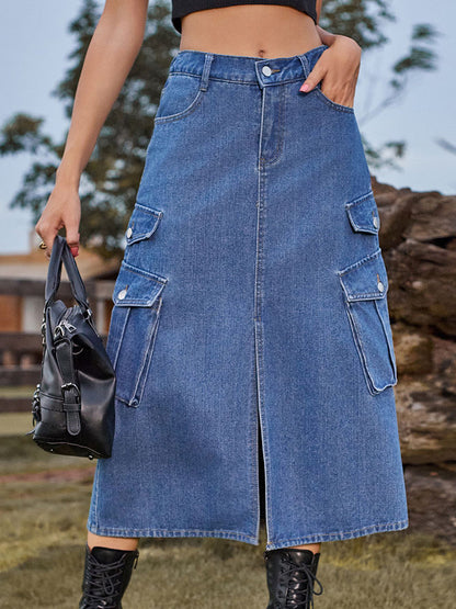 Denim Skirts- Washed Denim High Rise Cargo Slit Skirt with Flap Pockets- - Pekosa Women Clothing