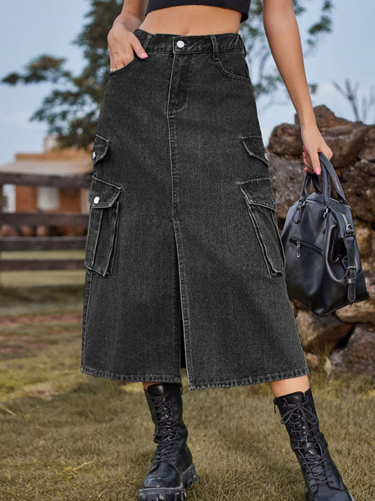Denim Skirts- Washed Denim High Rise Cargo Slit Skirt with Flap Pockets- Grey- Pekosa Women Clothing