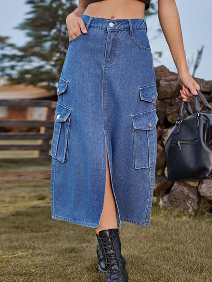 Denim Skirts- Washed Denim High Rise Cargo Slit Skirt with Flap Pockets- - Pekosa Women Clothing