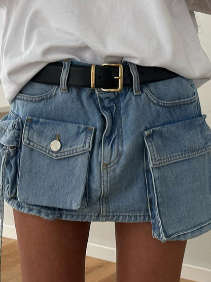 Denim Skirts- Y2K Denim Cargo Mid-Waist Mini Skirt- Blue- Pekosa Women Clothing