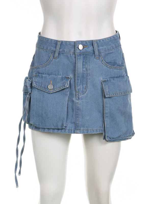 Denim Skirts- Y2K Denim Cargo Mid-Waist Mini Skirt- - Pekosa Women Clothing