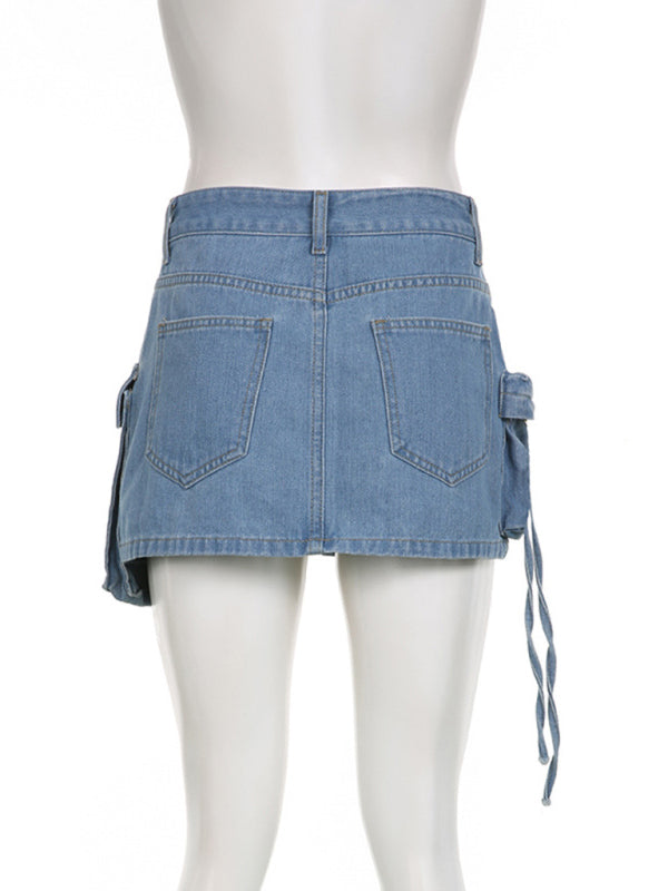 Denim Skirts- Y2K Denim Cargo Mid-Waist Mini Skirt- - Pekosa Women Clothing