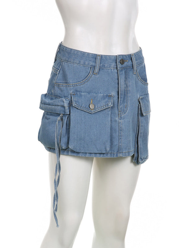 Denim Skirts- Y2K Denim Cargo Mid-Waist Mini Skirt- - Pekosa Women Clothing