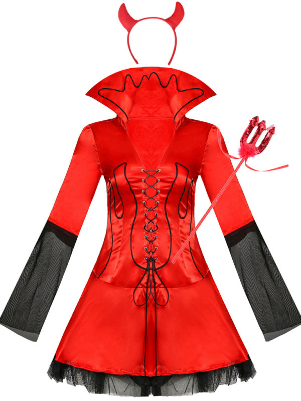 Devil Costume- Gothic Devil Costume: Cosplay Dress + Fork + Horns - Halloween Ready!- - Pekosa Women Clothing