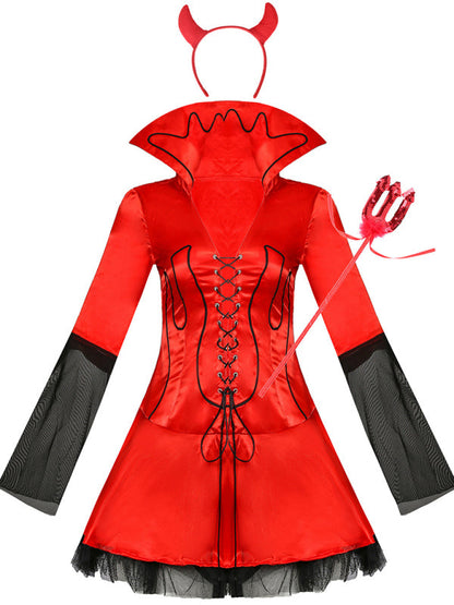 Devil Costume- Gothic Devil Costume: Cosplay Dress + Fork + Horns - Halloween Ready!- - Pekosa Women Clothing