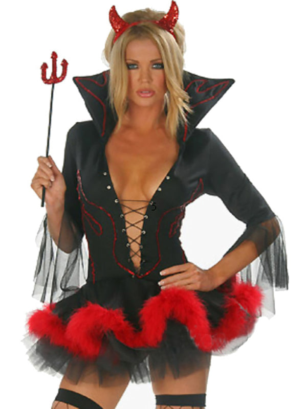 Devil Costume- Gothic Devil Costume: Cosplay Dress + Fork + Horns - Halloween Ready!- - Pekosa Women Clothing