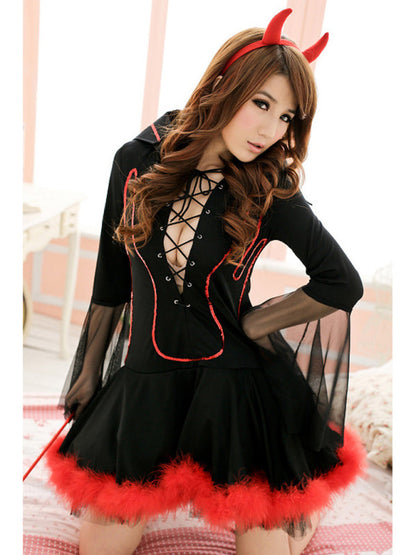 Devil Costume- Gothic Devil Costume: Cosplay Dress + Fork + Horns - Halloween Ready!- Black- Pekosa Women Clothing