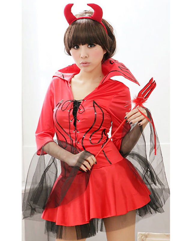 Devil Costume- Gothic Devil Costume: Cosplay Dress + Fork + Horns - Halloween Ready!- - Pekosa Women Clothing