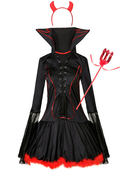 Devil Costume- Gothic Devil Costume: Cosplay Dress + Fork + Horns - Halloween Ready!- - Pekosa Women Clothing