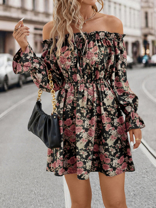 Dinner Dresses- Dinner Off The Shoulder Long Sleeve Mini Dress in Floral- - Pekosa Women Clothing