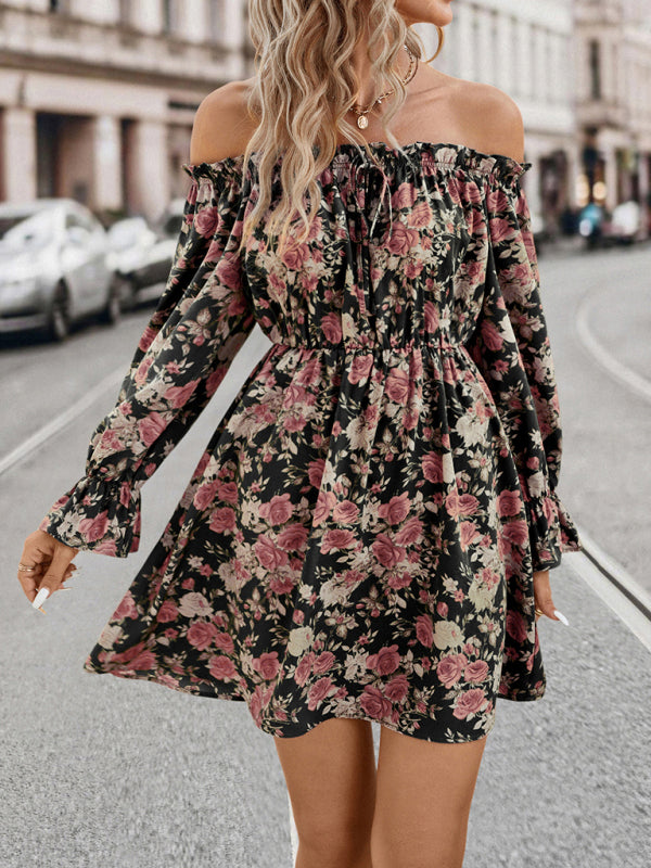 Dinner Dresses- Dinner Off The Shoulder Long Sleeve Mini Dress in Floral- - Pekosa Women Clothing