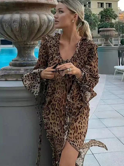 Disco Dresses- Animal Print Long Sleeve Slit Maxi Dress for Nighttime Events- - Pekosa Women Fashion