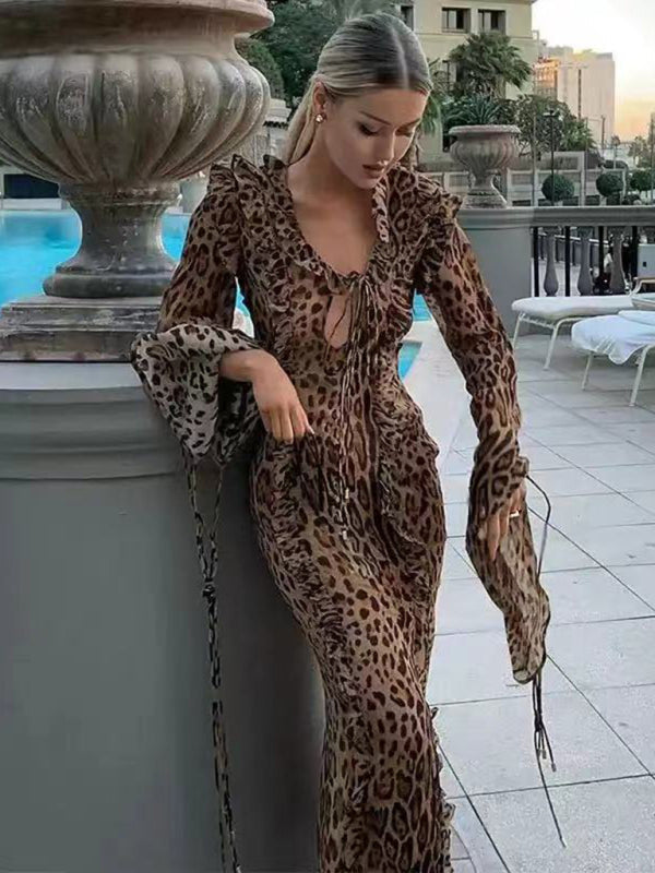 Disco Dresses- Animal Print Long Sleeve Slit Maxi Dress for Nighttime Events- - Pekosa Women Fashion